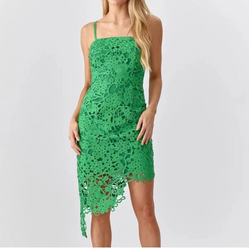 Adelyn Rae Crochet Lace Sleeveless Asymmetrical Hem Dress small Green NWT